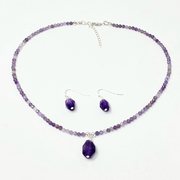 Amethyst nugget & faceted bead necklace + earrings - Picture 3 of 7